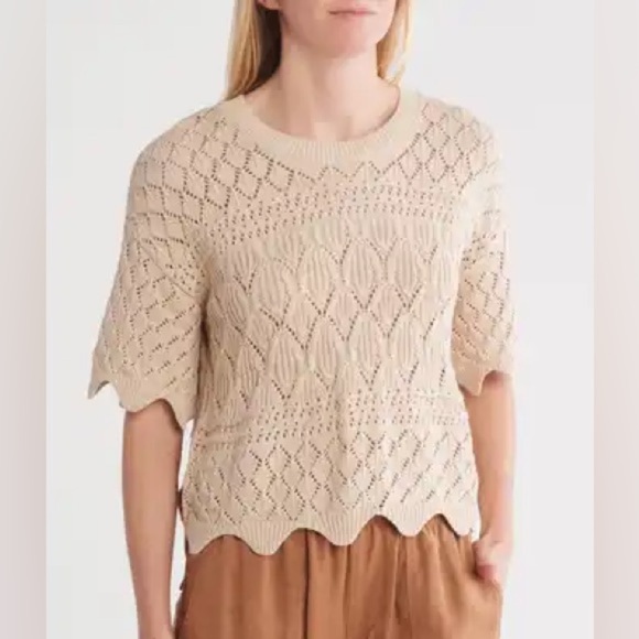 Spendid Short Sleeve Natural Beige Crochet Knit Scalloped Sweater Size Medium - Picture 1 of 11